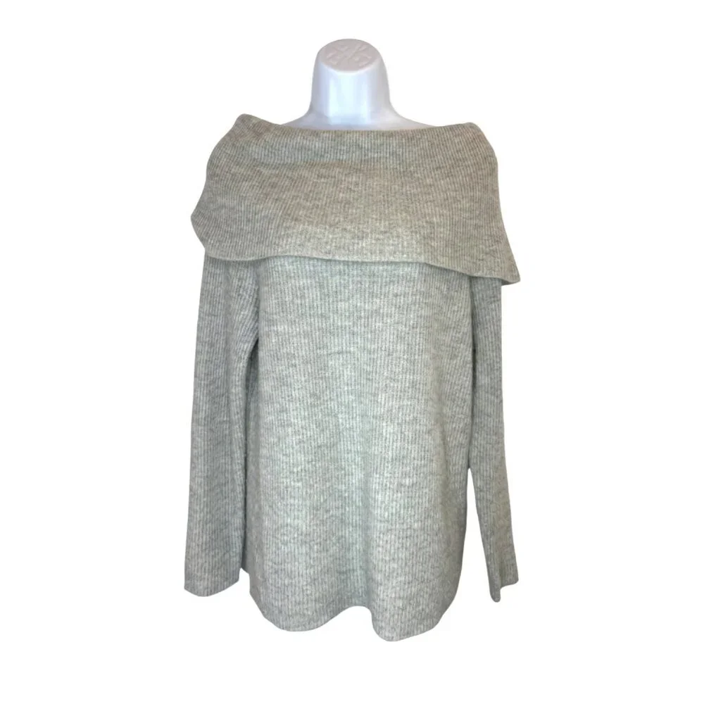 Lark & Ro 100% Cashmere Off Shoulder Ribbed Sweater Gray Size Large - Picture 2 of 15